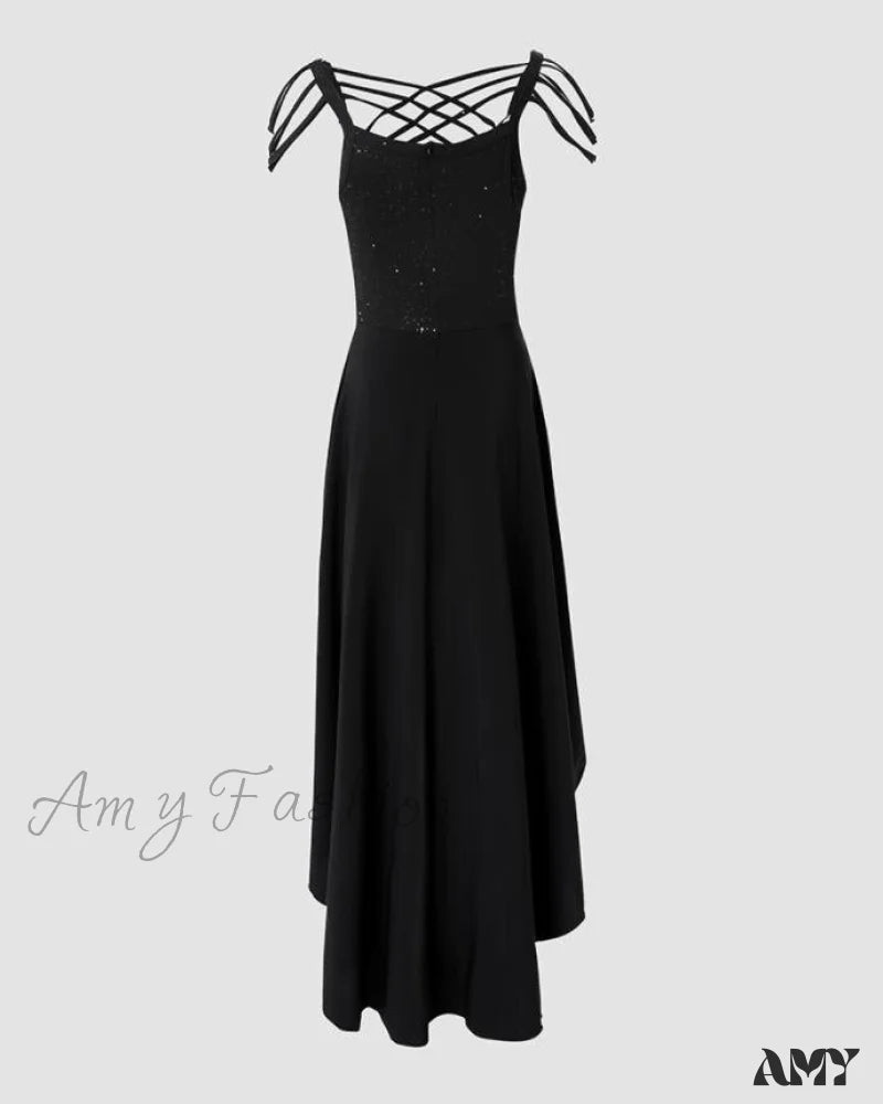 Women's Transitional Attire Dreamy Draping Amy Fashion - V-Neck Sleeveless Crisscross Tassel Design High Low Hem Glitter Party Dress