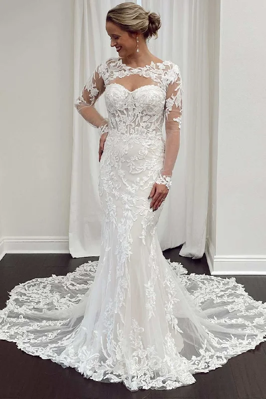 Women's Comfortable Lounge Outfit Elevated Style White Lace Cutout Long Sleeves Trumpet Bridal Gown