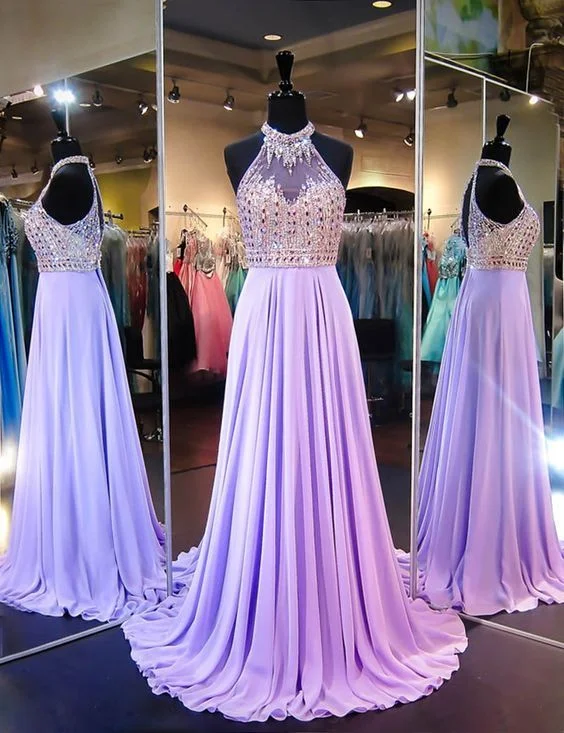 Comfortable Garments For Women Classic Timeless Elegant Style A Line Cowl Neck Sleeveless Long Pleated Beaded Lilac Prom Dress Lavender Open Back Prom Dresses   cg12215