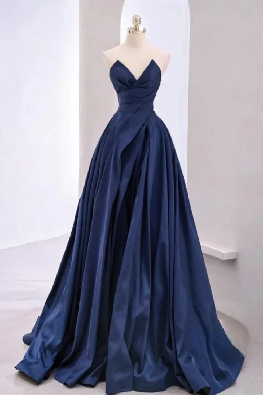 Women's Formal Apparel Subtle Sophistication Pretty A Line Sweetheart Navy Blue Satin Long Prom Dress Evening Dresses C3713