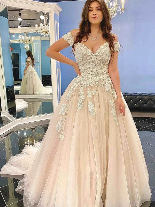 Vintage-Inspired Garments End - of - Month Blowout Off Shoulder Lace Prom Dresses, A-line Prom Dresses, Tulle Prom Dresses, Wedding Dresses, Bridal Gown