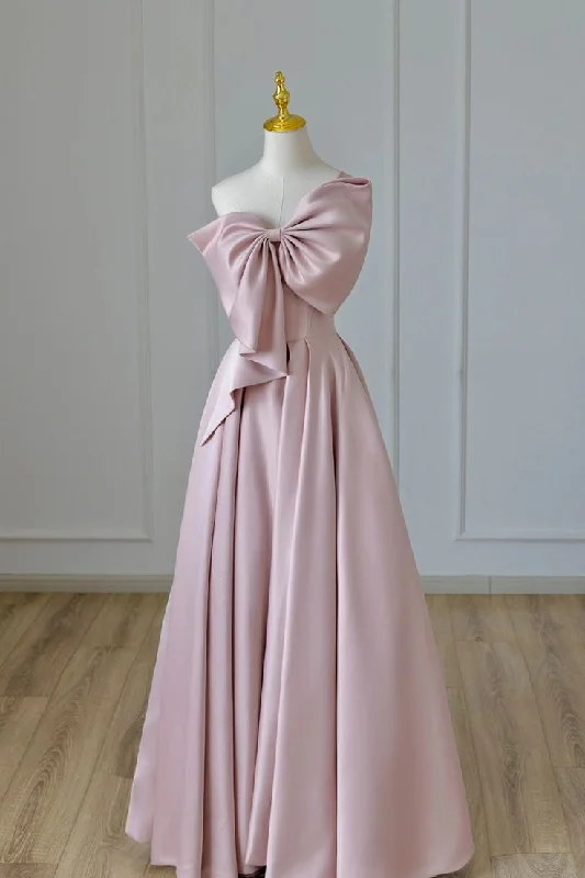 Women's Work Apparel Elevated Style Pretty A line One Shoulder Pink Satin Evening Dress Prom Dresses With Bow C3690