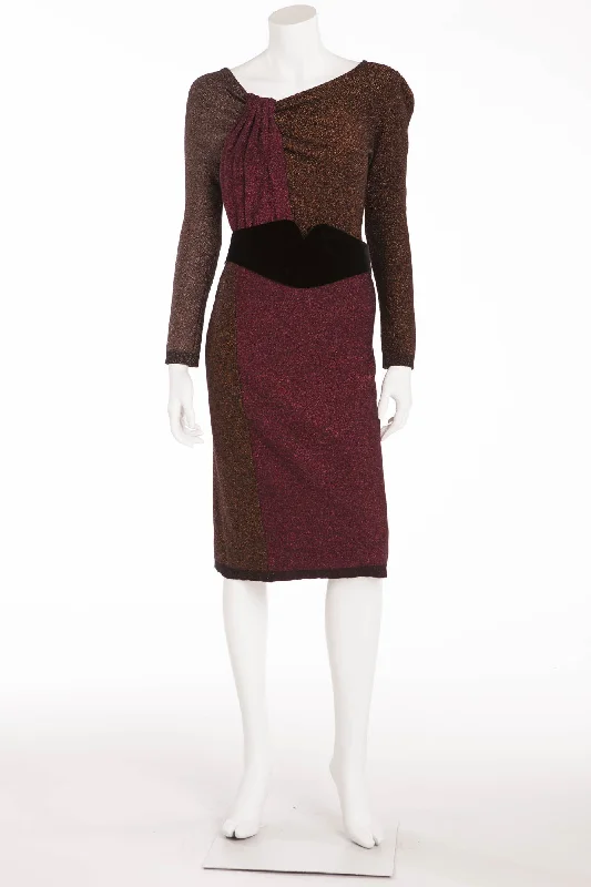 Women's Formal Apparel Vibrant Prints Sonia Rykiel - As Seen on the 2009 Runway Collection - Brown and Red Long Sleeve Metallic Dress with Belt - FR 38