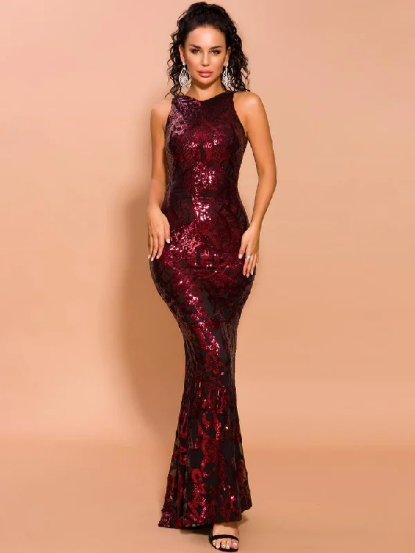 Charming Everyday Clothing For Women Classic Timeless Elegant Style Wine Red Sleeveless Sequin Cocktail Dress