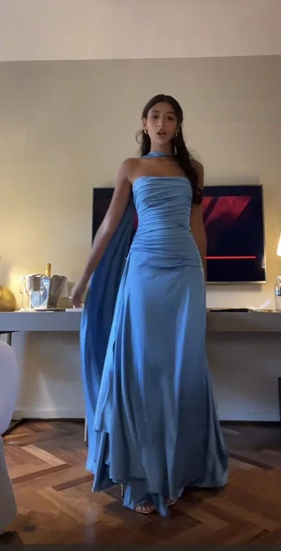 Women's Formal Event Clothing Flash Sale Vintage A line Strapless Blue Satin Evening Dress Prom Dresses Long Birthday Outfits BD2504