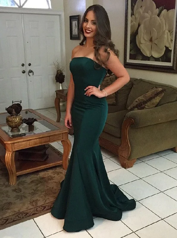 Luxury Women's Clothing Parisian Effortless Chic Style Dark Green Elastic Satin Mermaid Strapless Prom Evening Dress OP774