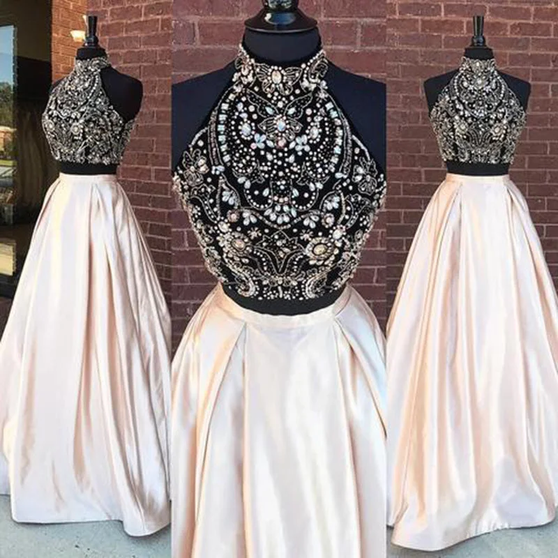 Women's Outdoor Activity Garments Statement Piece LP1458 High Neck Champagne Two Pieces  Satin Long Prom Dress with Beading Pageant Formal Gown crop Top 2018