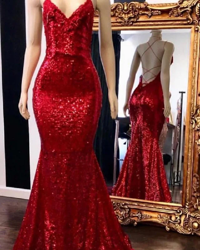 Fashionable Women's Clothes Minimalist Office - Ready Style Bling Bling Red Sequins Women Mermaid Formal Gown Halter Evening Party Dresses