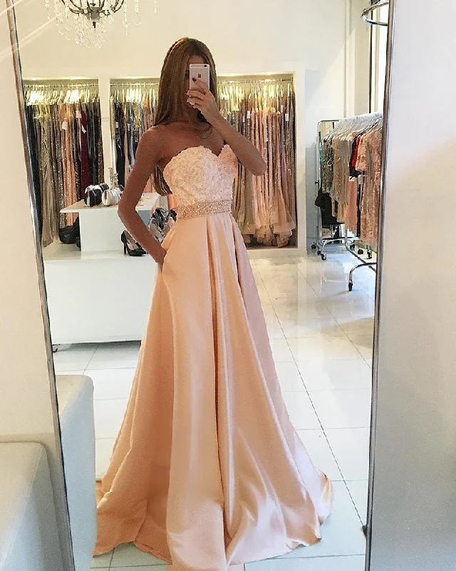 Women's Clothing Outfit Set Weekend Special A Line Blush Pink Formal Party Dress with Pocket ,satin 2019 Girls Long Senior Graduation Prom Dresses With Beading Belt PL8746