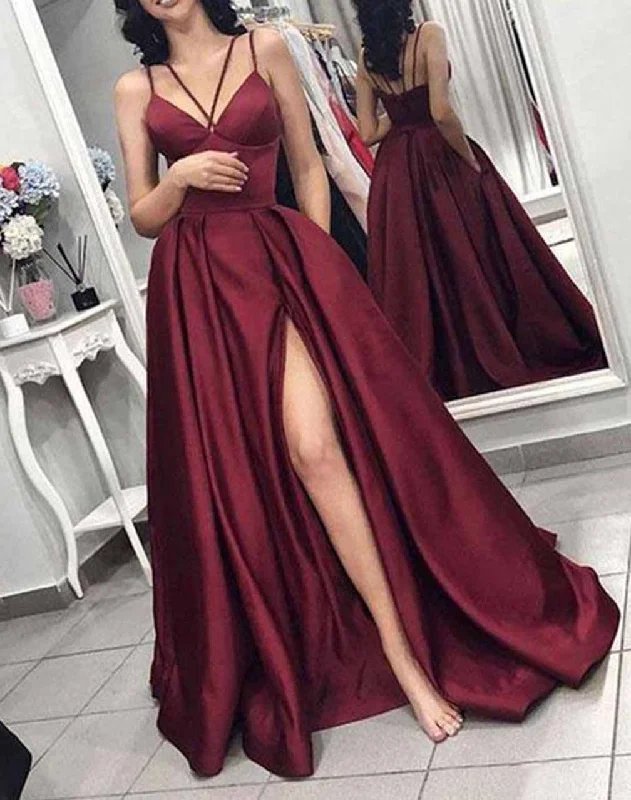 Women's Weekend Outfit Playful Elegance Women A-Line Satin Prom Dresses Long Spaghetti Straps Evening Gowns Formal Party Dress YPD584