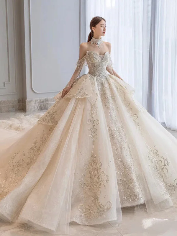 Women's Vacation Outfit Modern Romance High Quality Off The Shoulder Luxury Bridal Gowns, A-line Lace Popular Wedding Dresses