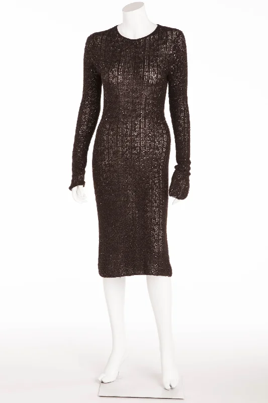 Modern Women's Attire Playful Elegance Donna Karan - Black Long Sleeve Knitted Dress with Sequins -