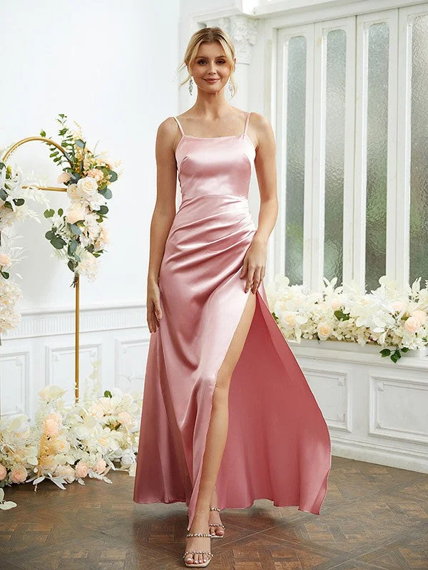 Women's Clothing Sets Effortless Style Sheath/Column  Woven Satin Ruched Spaghetti Straps Sleeveless Floor-Length Bridesmaid Dresses