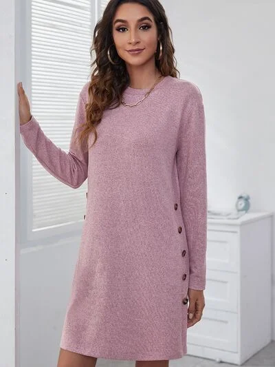 Women's Attire Casual Weekend Relaxed Style Decorative Button Round Neck Long Sleeve Dress