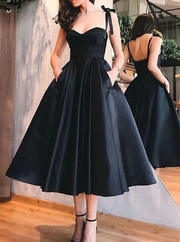 Women's Clothing For Special Occasions Hollywood Glam Award - Show Style Simple Black Tea-Length Prom Dress, Satin Homecoming Dress