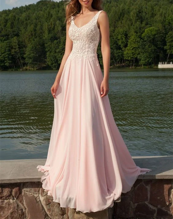 Women's Stylish Casual Garments End - of - Month Blowout Newest V-Neck Appliques Long Sleeveless Prom Dresses,Chiffon Light Pink Party Dresses  cg9668