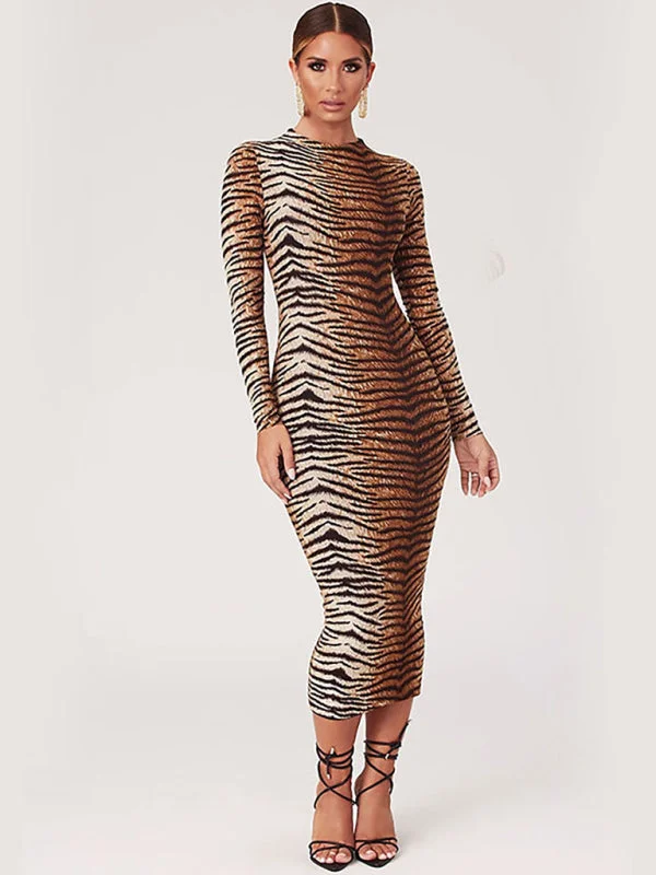 Comfortable Women's Attire Parisian Effortless Chic Style Women's Sexy Tiger Stripe Print Long Sleeve Dress