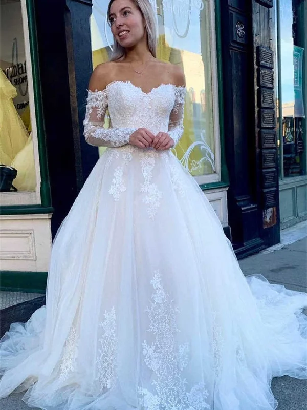 Women's Vacation Clothes Graceful Cut Off The Shoulder Long Sleeves Lace Tulle Wedding Dresses, Elegant Long Bridal Gown