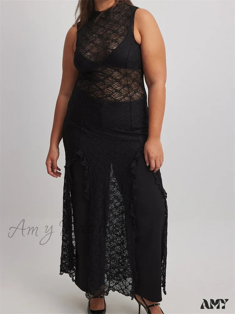 Comfortable Lounge Clothing Romantic Flair Amy Fashion - Women Lace See Through  Vintage Sleeveless Round Neck Solid Ruffles  High Split Female Vestidos