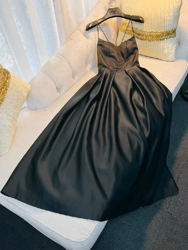 Women's Outfit Artful Design Simple A line Straps Black Satin Long Prom Dresses Simple Party Dress C1841