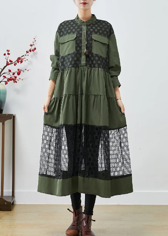 Charming Women's Garments Vintage Retro Party Wear Blackish Green Patchwork Cotton Shirt Dress Hollow Out Fall