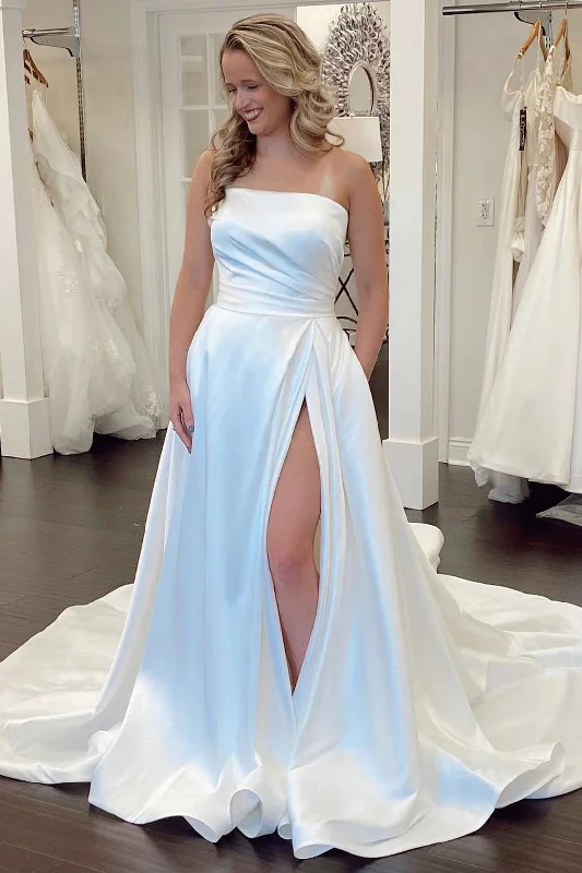 Women's Luxury Attire Classic Appeal White Satin Strapless A-Line Bridal Gown with Slit