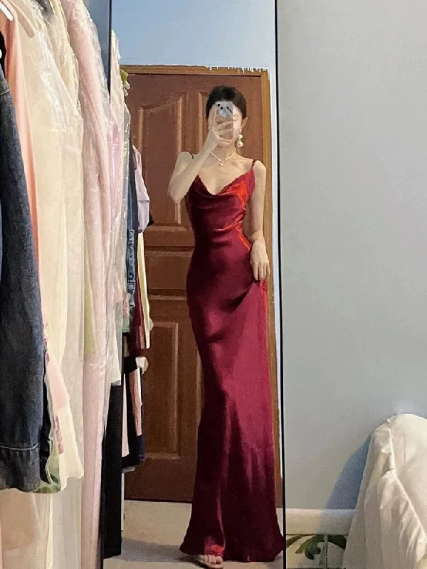 Comfortable Women's Clothes End - of - Month Blowout Pretty Mermaid Spaghetti Straps Burgundy Satin Long Floor Length Prom Dresses C3603