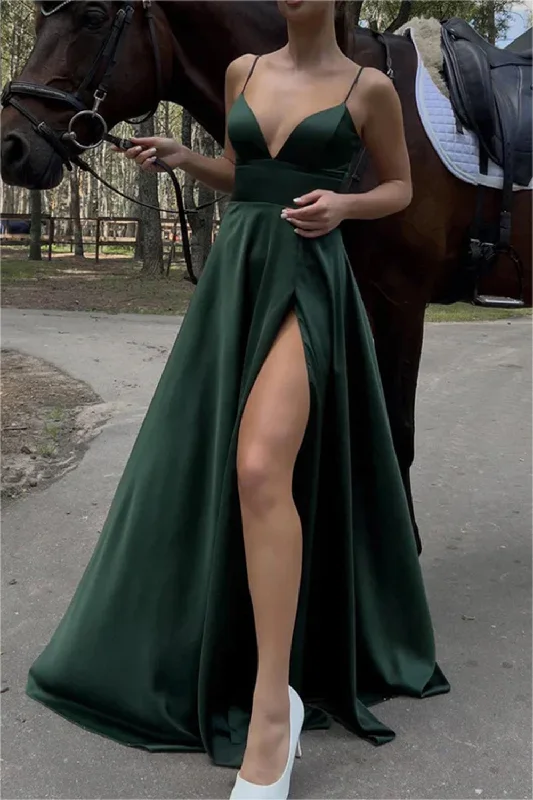 Women's Clothing With Trendy Designs Mid - Season Sale Women A-Line Satin Prom Dresses Long V-Neck Slit Evening Gowns Sleeveless Formal Party Dress YPD636