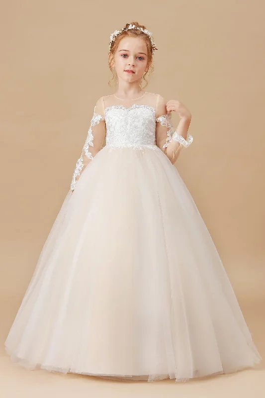 Tailored Clothing For Women Limited - Edition Drops Floor-length Tulle Satin Long Sleeves Lace Flower Girl Dresses