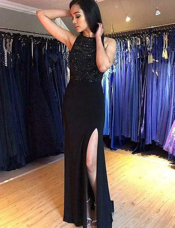 Women's Stylish Vacation Attire Feminine Flow Popular Sheath Jewel Sleeveless Black Evening Dress with Split Beading Prom Dress   cg12718