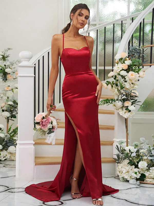 Women's Trendy Clothing Feminine Charm Sheath/Column  Woven Satin Ruched Square Sleeveless Sweep/Brush Train Bridesmaid Dresses