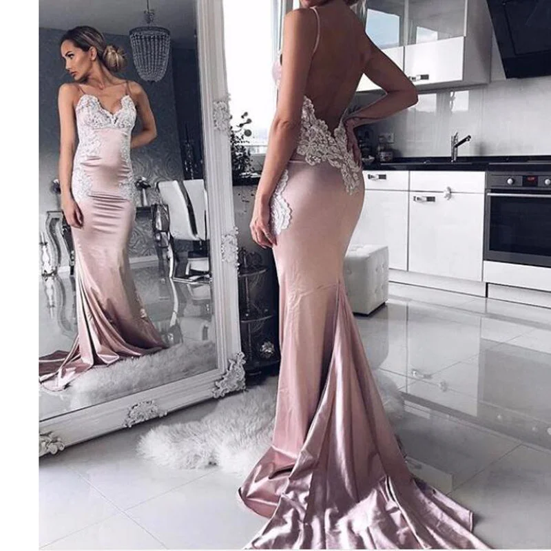 Women's Layered Outfit Today Only Sexy Backless Rose Pink Satin Mermaid Prom Dress lace Appliqued Formal Evening Dresses with Spaghetti Straps  LP1322