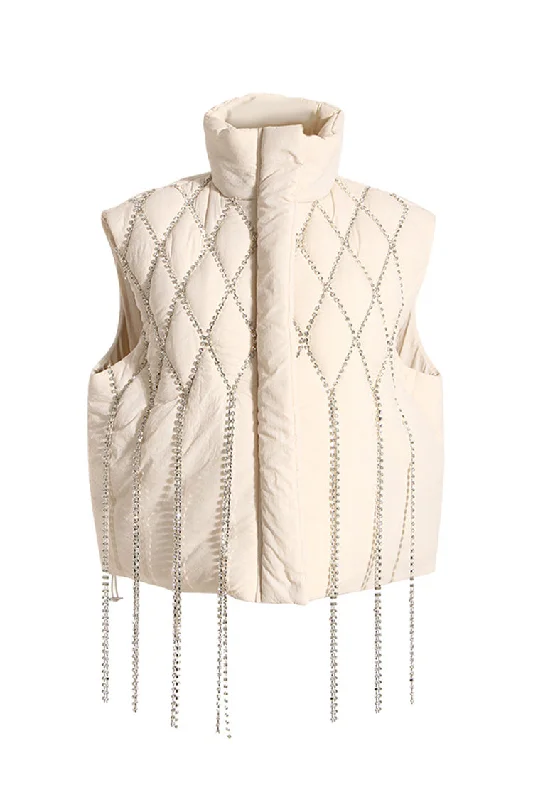 Women's Workout Clothing Lightweight Fabric Glittering High Neck Sleeveless Rhinestone Fringe Quilted Down Puffer Vest