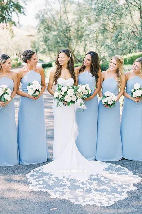 Affordable Fashion Clothing For Women Romantic Detailing Bridesmaid Dresses Elegant Sheath Halter Light Blue Satin Long