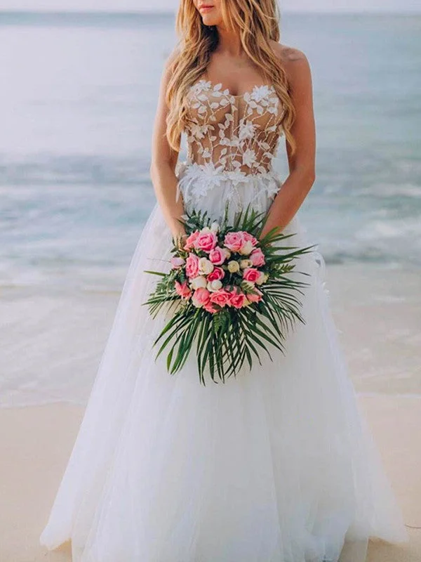 Women's Holiday Clothing Elegant Ensemble Strapless Simple Lace A-line Wedding Dresses, Sweetheart Beach Lace Wedding Dresses