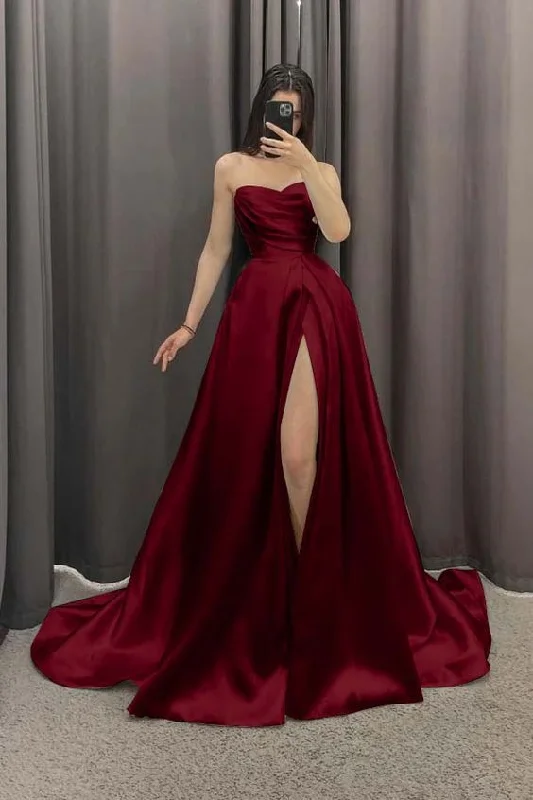 Women's Trendy Casual Clothes Playful Elegance Pretty A Line Strapless Burgundy Satin Long Prom Dress With Slit C2665