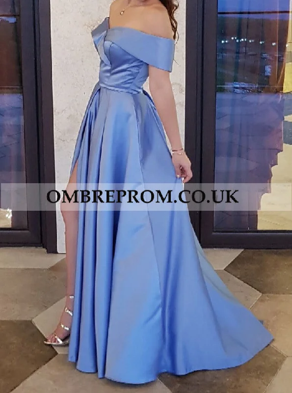 Fashion-Forward Women's Clothing Graceful Cut Simple Blue Satin Off The Shoulder Long Prom Dresses, Sexy Slit Party Dress OP291