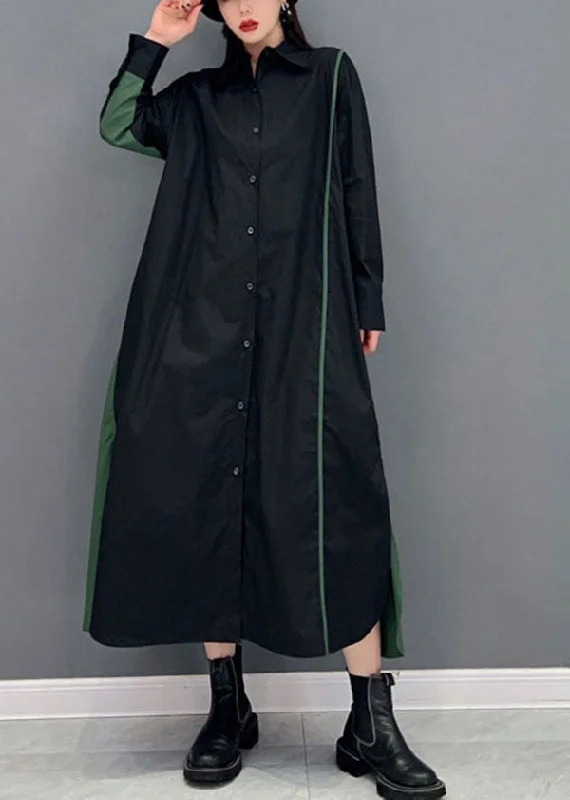 Women's Effortless Casual Outfit Limited - Stock Stylish Black Peter Pan Collar Patchwork Side Open Cotton Shirt Dress Spring