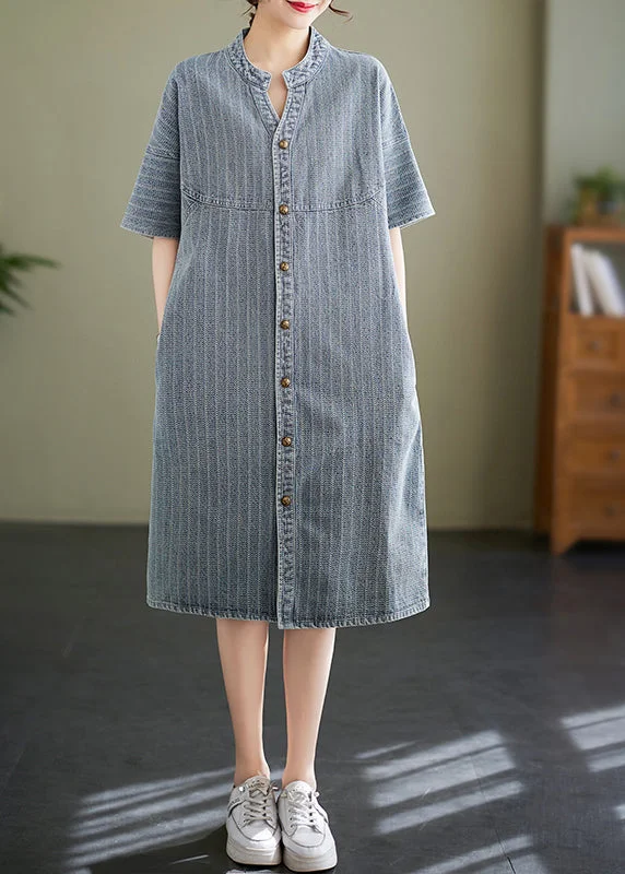 Women's Clothing For Outdoor Activities Luxury Comfort Italian Blue Grey Stand Collar Striped Denim Shirt Dress Summer