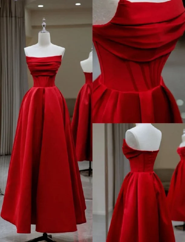 Women's Date Night Outfit Fashion-Forward Style Sexy A line Strapless Red Satin Prom Dress Long Prom Dresses Party Dress With Ruffles C3317