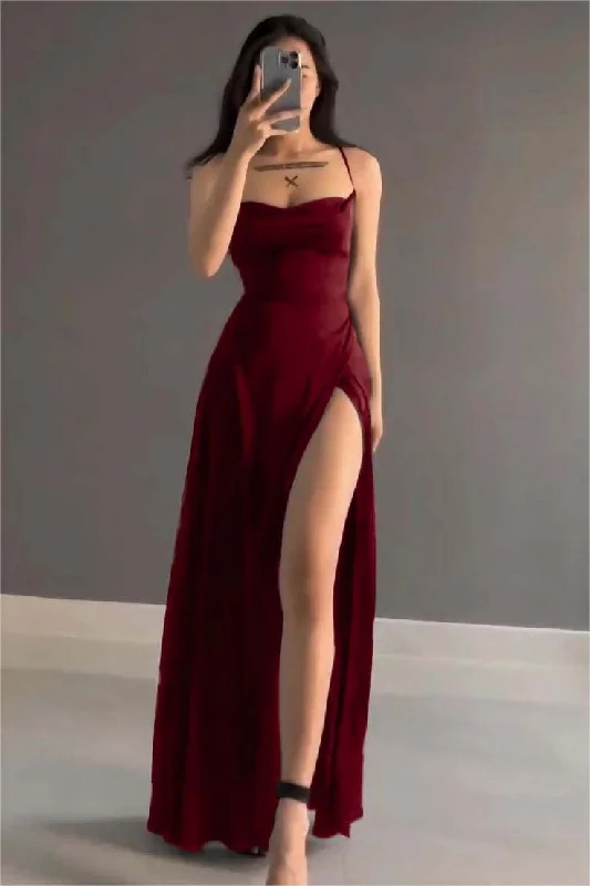 Women's Outfit For The Office Bold Patterns Elegant A Line Spaghetti Straps Red Satin Long Length Prom Dresses Birthday Outfits CC3550