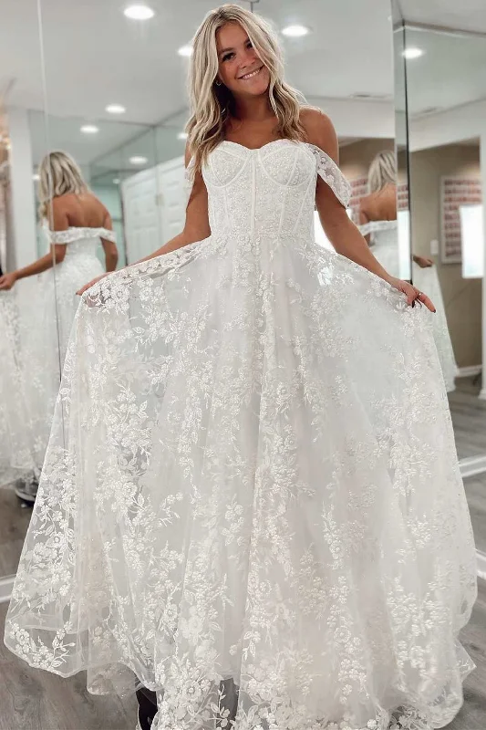 Women's Stylish Outdoor Outfit Tropical Island - Inspired Attire White Floral Lace Off-the-Shoulder A-Line Bridal Gown