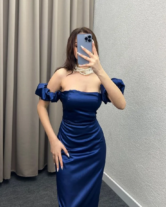 Women's Tailored Outfit Feminine Flow Sexy Sheath Off The Shoulder Royal Blue Long Satin Prom Dresses Party Dress C3289