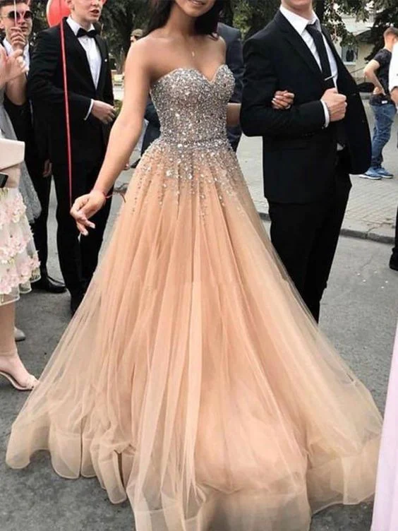 Women's Evening Wear Attire Romantic Detailing Charming Prom Dress A-Line/Princess Sweetheart Sleeveless Sweep/Brush Train Beading Tulle Dresses  cg13861