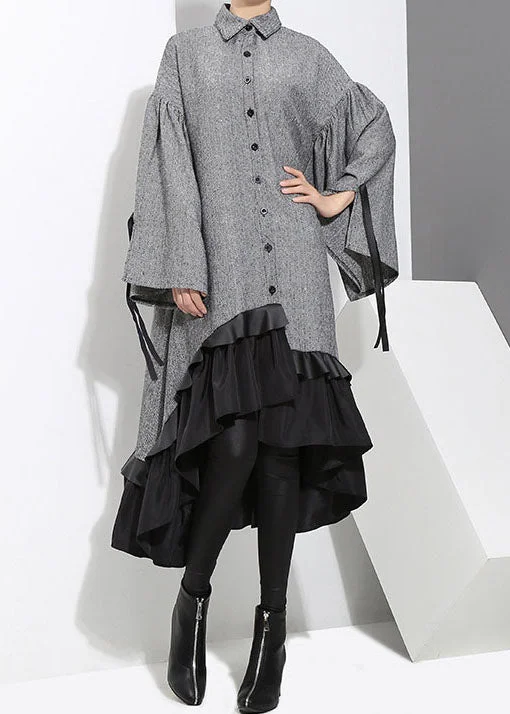 Women's Clothing Sets Refined Look Art Grey low high design Ruffled Patchwork shirt Dress Spring