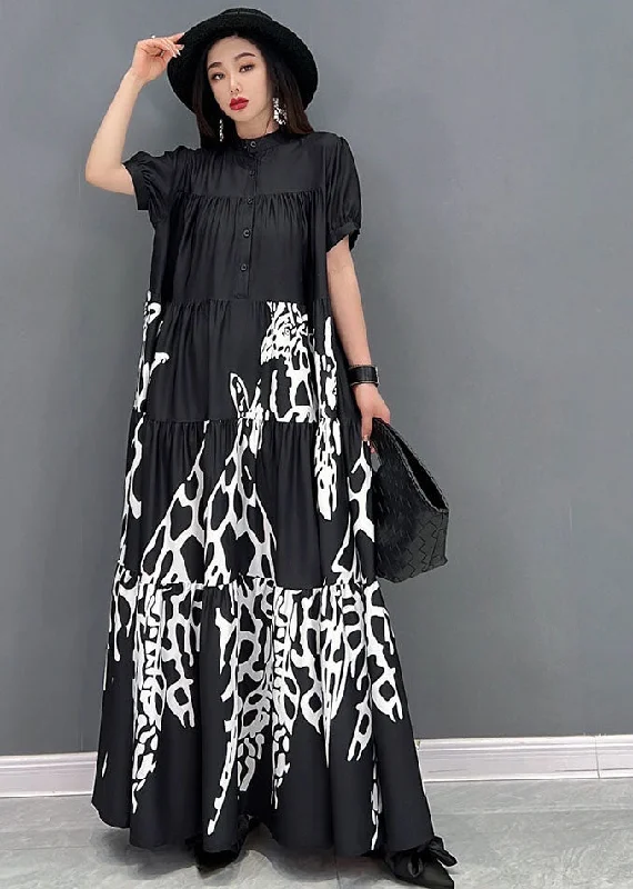 Sustainable Women's Clothing Today Only Classy Black Stand Collar Patchwork Wrinkled Print Chiffon Shirt Dress Short Sleeve