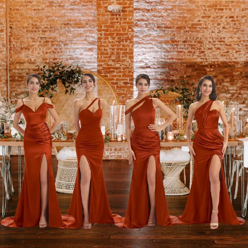 Women's Elegant Garments Bold Silhouette Rust Sexy Chic Silky Mismatched Soft Satin Mermaid Long Bridesmaid Dresses Online