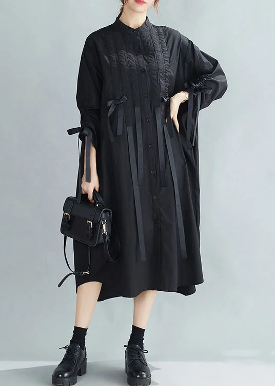 Women's Seasonal Garments Alluring Design French Black Stand Collar Wrinkled Cinched Bow Cotton Shirt Dress Spring