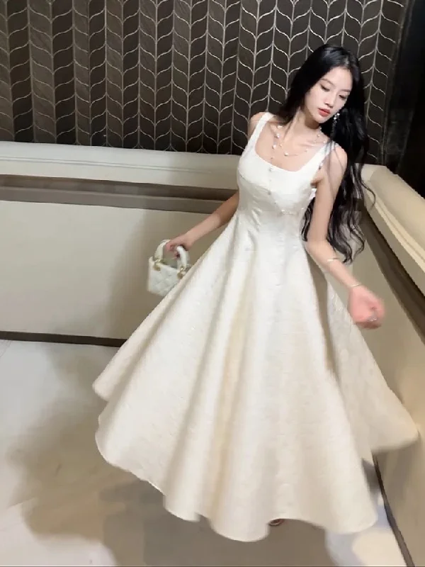 Women's Vintage Clothes Statement Piece Pretty A line Square Neckline White Satin Prom Dresses Formal Evening Dress C2681