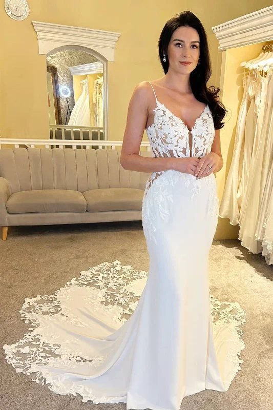 Women's Clothing For Everyday Wear Effortless Comfort White V-Plunge Mermaid Long Wedding Dress